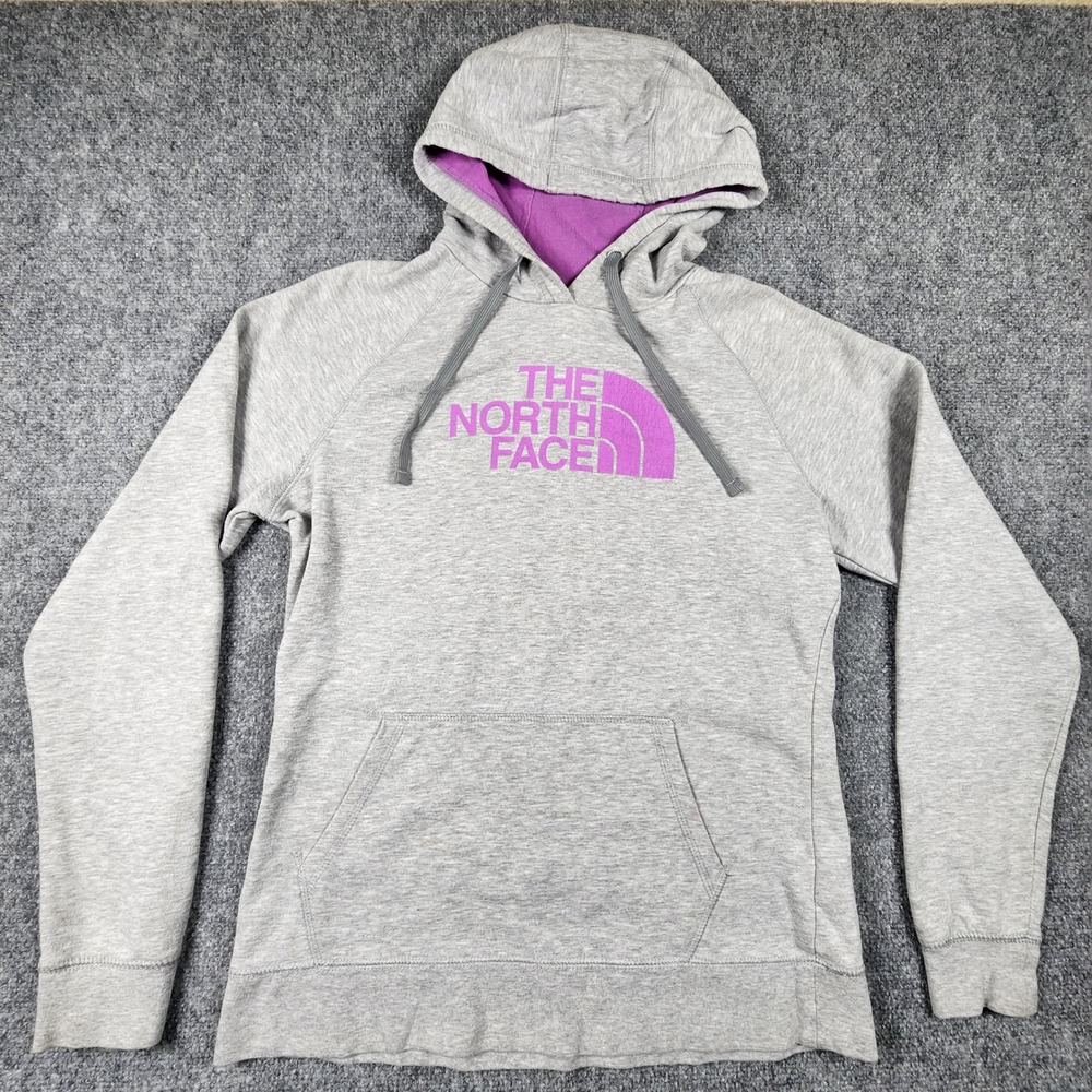 The North Face Womens Hoodie Gray Purple Logo Pullover Sweatshirt Large L